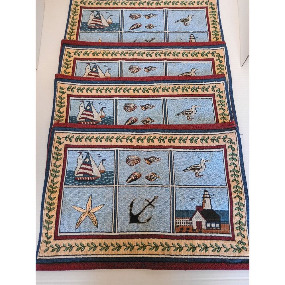 Vintage Woven Tapestry Coastal Placemats Set of 4 Lighthouse Sailboat  Nautical